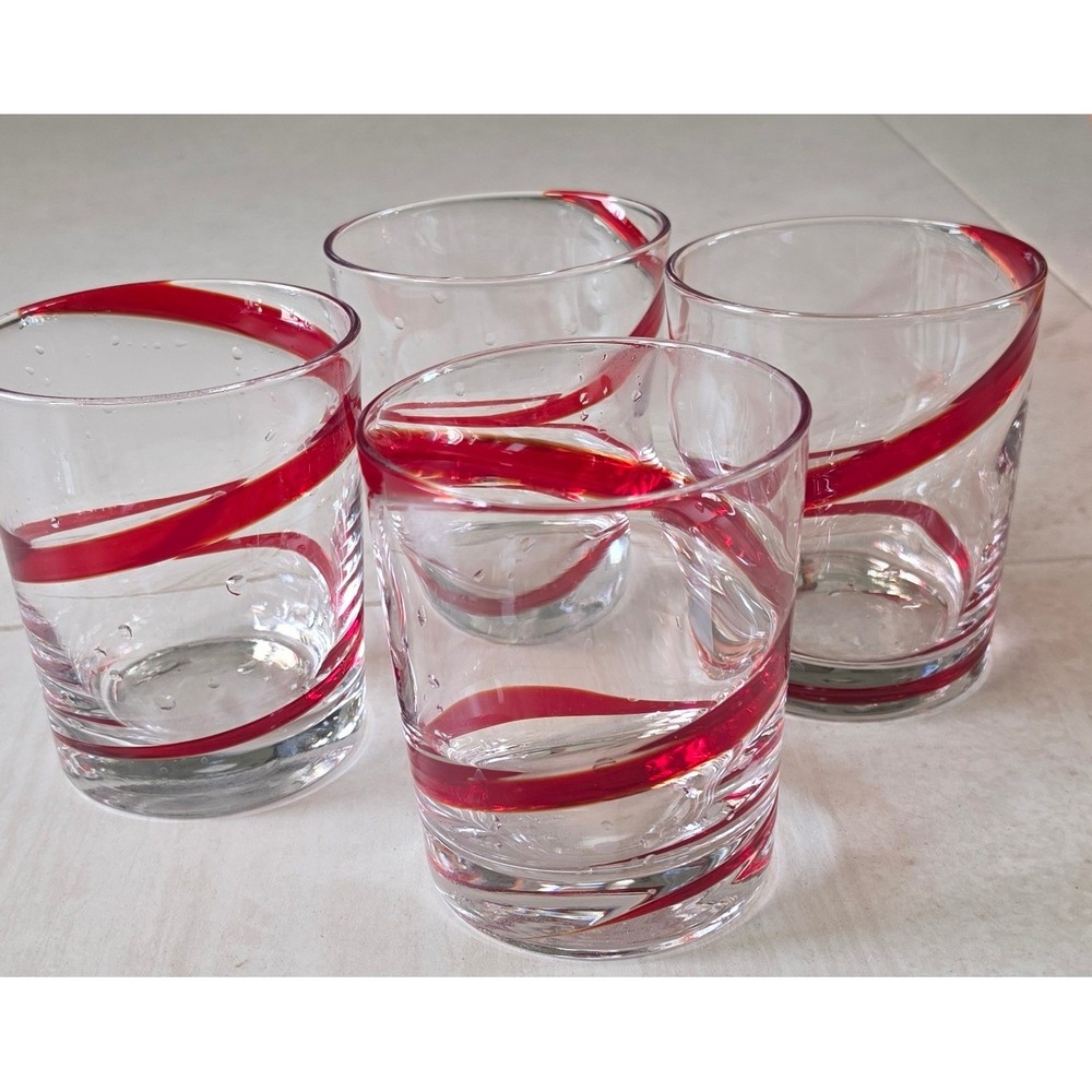 Pier 1 Set 4 Red Swirl Ribbon Glass Tumblers Lowball Whiskey old fashion Rocks
